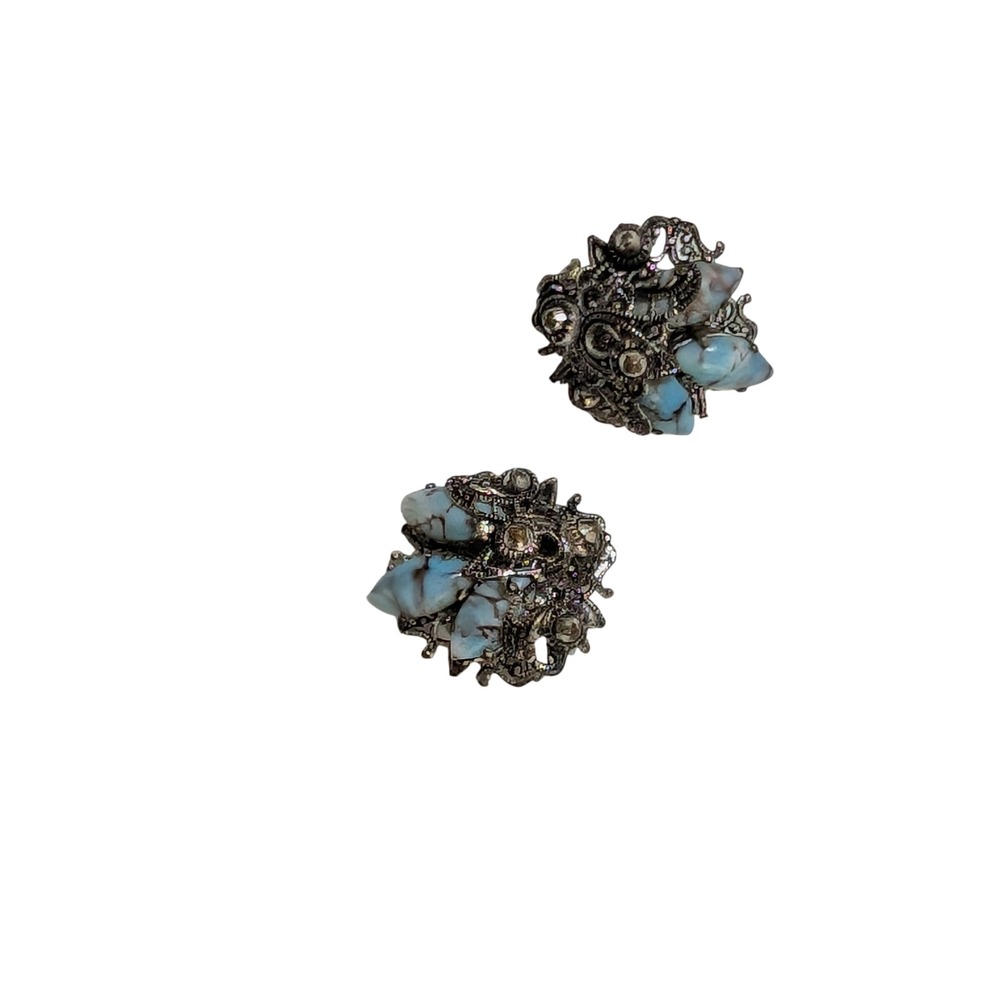Vintage Silver Tone Blue Marbled Stone Marcasite Filigree Clip On Earrings